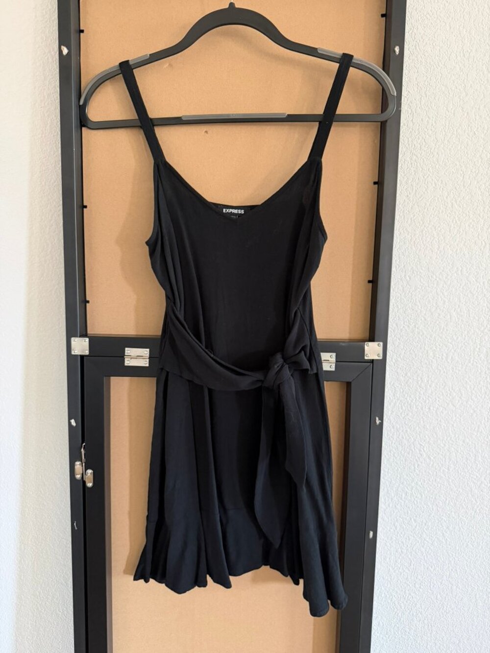 Express Black Belted Ruffle-Hem Mini Dress